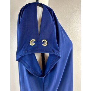 Luxology Cold Shoulder Short Sleeve Top Blouse Navy Blue Gold Ring Ruching L EUC